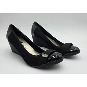 Anne Klein Sport Black Textile Patent Cap Toe Wedge Pumps Women's 9M